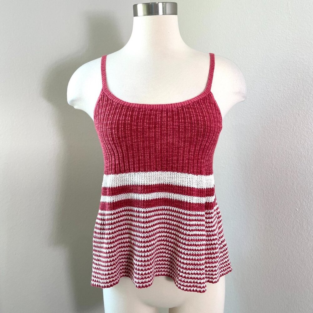 Anthropologie Moth Womens XS Nuru Knit Tank Top Red Ivory Striped Sleeveless